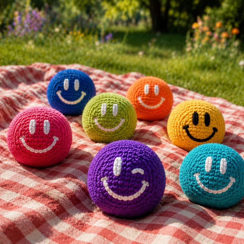 Crochet Hacky Sack Smile Face Balls Handmade, Juggling Gift for Kids Teens, Soft Footbag Toys for Outdoor Play