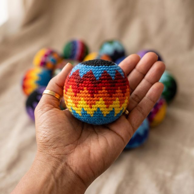 Hand Knit Crochet Hacky Sack Striped Design, Soft Juggling Footbag Ball for Outdoor Play Games and Fun Activities